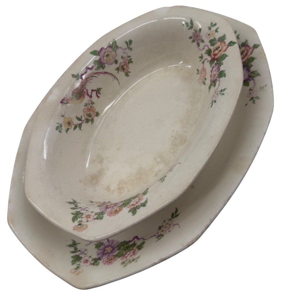 Vtg Royal Ironstone‎ Gravy Boat Underplate USA Floral Bird Decor Homer Jaughlin